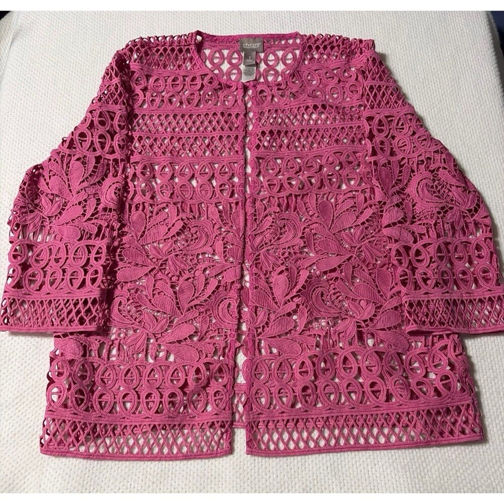 Chico’s pink Guipure Lace Open Front Jacket Cardigan Size 1